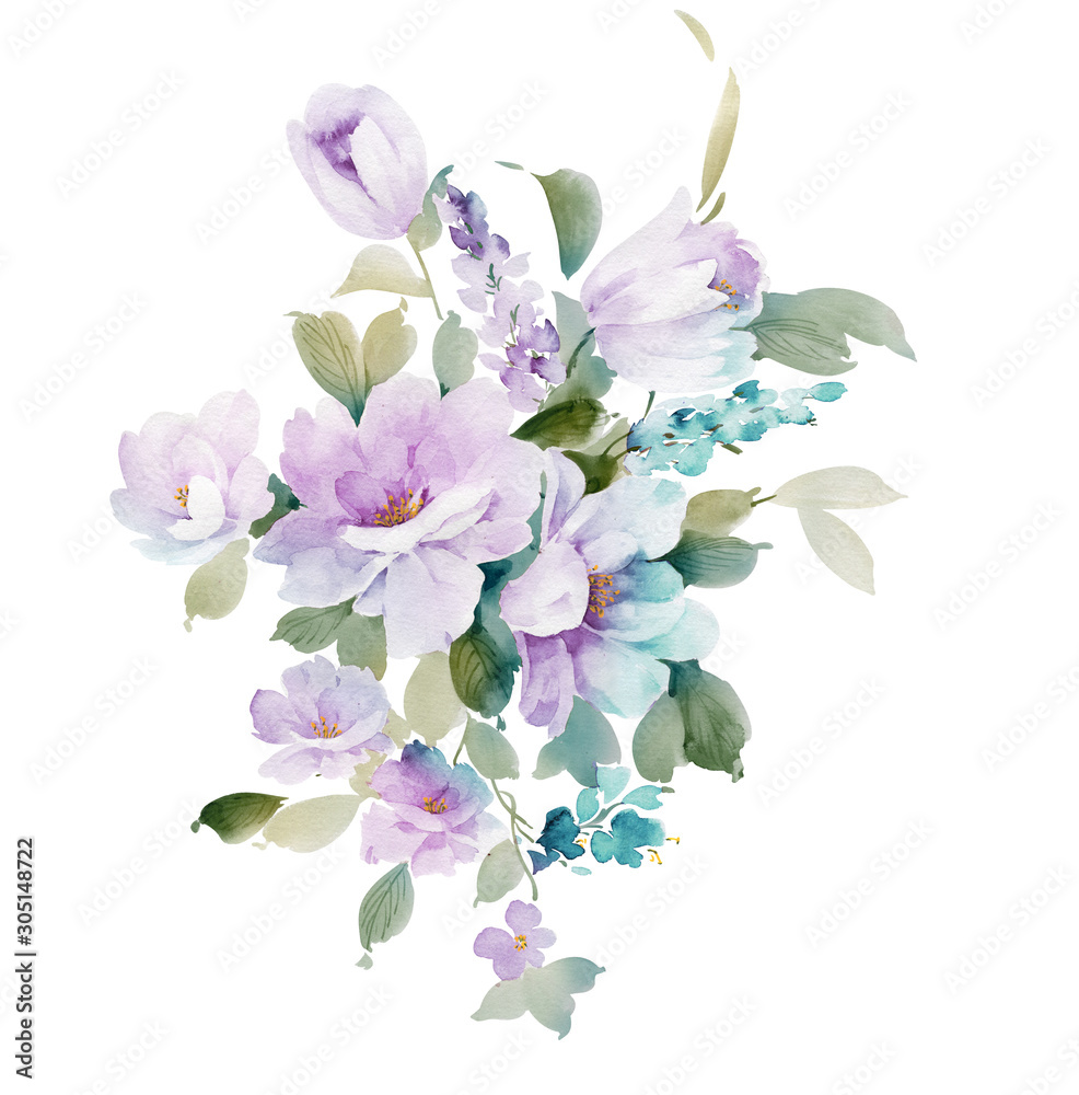 Fototapeta premium Watercolor flowers illustration.They are perfect for making DIY wedding invitations, blog header, floral letters, art prints, greeting cards and wall arts. used in designing beautiful printing pattern