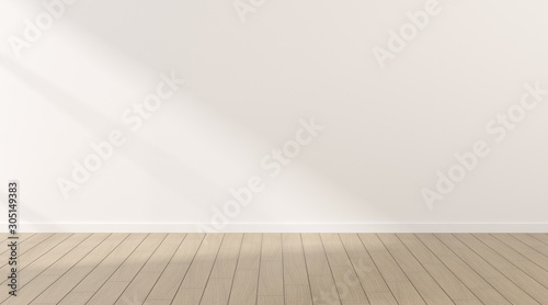 Mock-up of white empty room and wood laminate floor with sun light cast the shadow on the wall Perspective of minimal inteior design. 3D rendering
