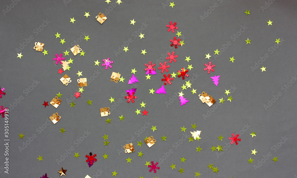 festive background with confetti, top view.