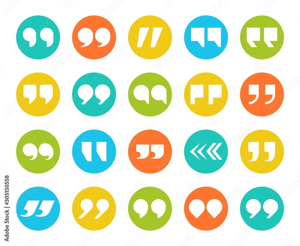 Quotes marks. Flat quotation marking speech icon set. Double comma signs in circle. Remark button isolated image vector set for modern discussion and communication quote Quotes marks. Flat quotation marking speech icon set. Double comma signs in circle. Remark button isolated image vector set for modern discussion and communication quote