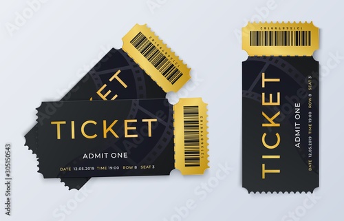 Two movie tickets. Realistic cinema theater admission pass template. Vector illustration festival black and gold couple isolated ticket on cinema, concert or theatre