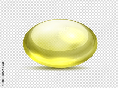 Realistic yellow capsule pills. Oil medicine vitamin, golden bubble with collagen gel. Vector illustration organic vitamin A, E, D or fish oil