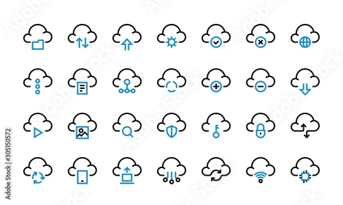 Cloud computing icons. Data transfer access and synchronization, internet platform and cloud server technology. Vector set transfer and computation digital information, like access web container