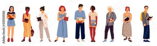 Students with books. College teenage cartoon characters holding stack and reading books. Vector diverse multicultural students in modern clothing flat illustration isolated on white background
