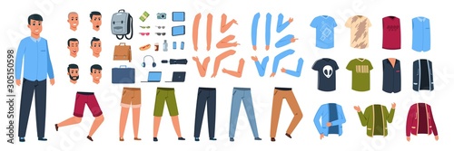 Male character constructor. Cartoon guy with set of different casual clothes and body parts with poses and gestures. Vector animation kit elements man collection on white background