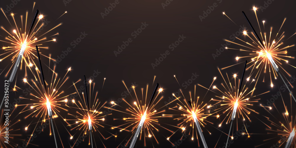 Naklejka premium Background with sparklers. Birthday party Bengal lights, fireworks decorative elements for greeting cards. Vector Christmas beautiful yellow and white lights on night background for decoration party