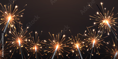 Background with sparklers. Birthday party Bengal lights, fireworks decorative elements for greeting cards. Vector Christmas beautiful yellow and white lights on night background for decoration party