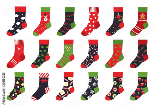 Christmas socks. Cartoon trendy flat clothing element and winter celebration attributes with patterns and ornaments. Vector set holiday colorful stocking illustrations like winter colorful ornate