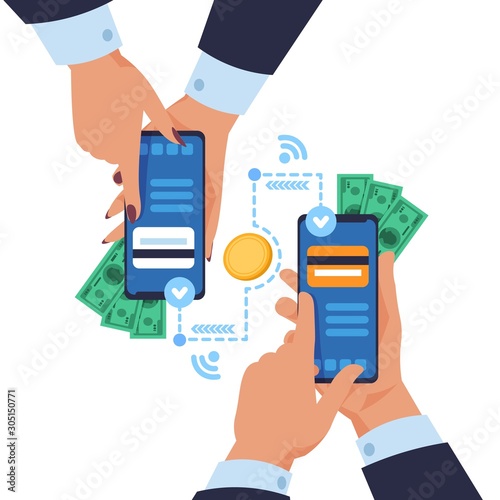 Mobile money transfer. Cartoon hands holding smartphones and sending wireless payment. Vector concept online wallet mobile app for fast exchange or send payments, bills photo
