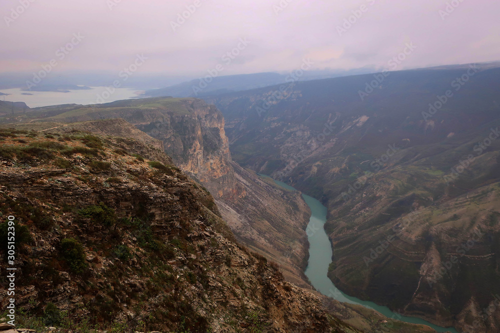 Sulak Canyon view by misty morning, Dagestan, Russia