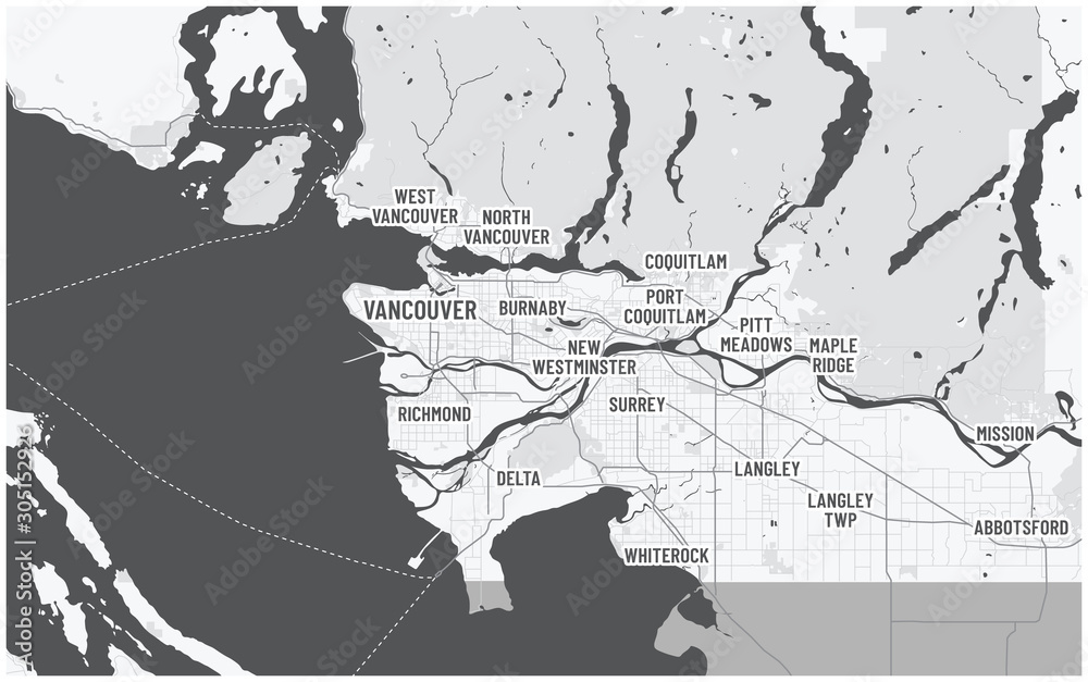Fototapeta premium Greater Vancouver map and municipalities. Canada, British Columbia. Dark color theme with text.