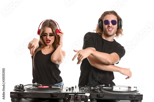 Young djs playing music on white background