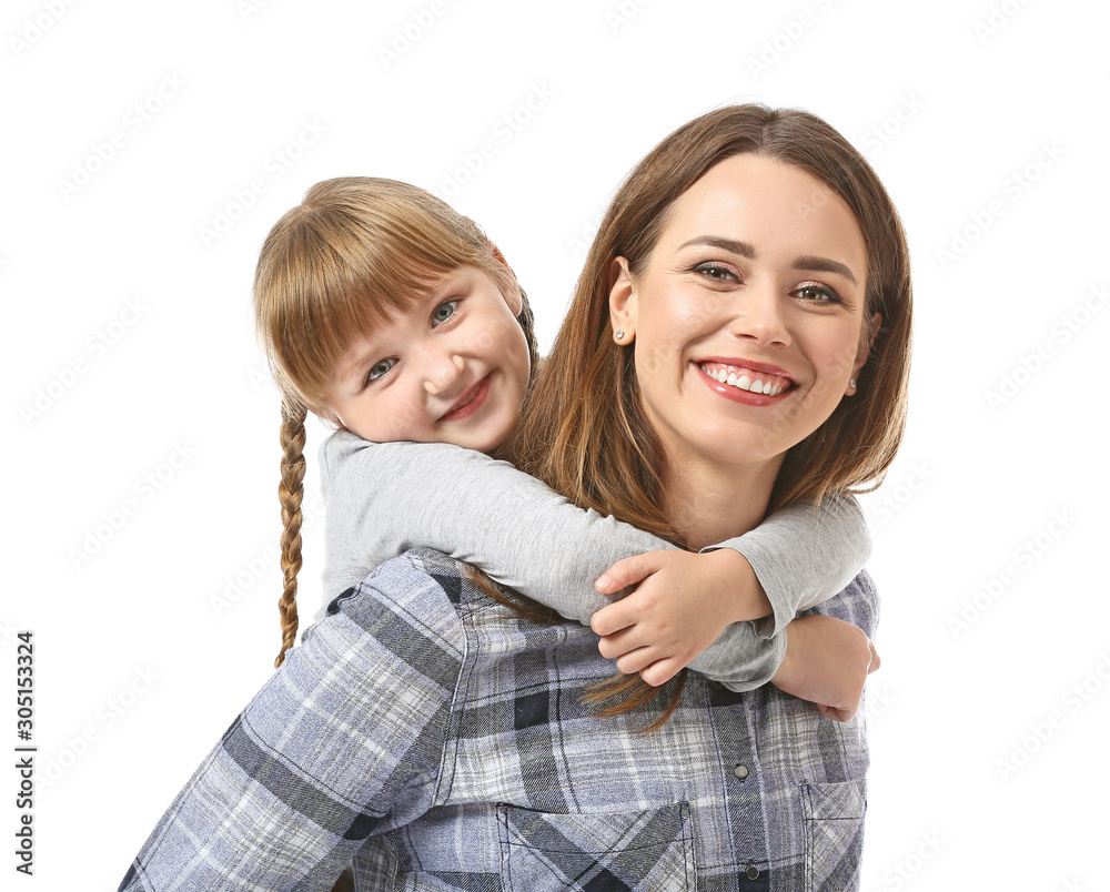 Portrait of happy mother and daughter on white background Portrait of happy mother and daughter on white background