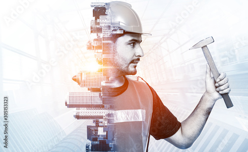 Future building construction engineering project concept with double exposure graphic design. Building engineer, architect people or construction worker working with modern civil equipment technology. photo