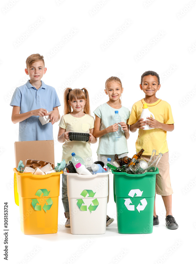 Little children and containers with trash on white background. Concept of recycling Little children and containers with trash on white background. Concept of recycling