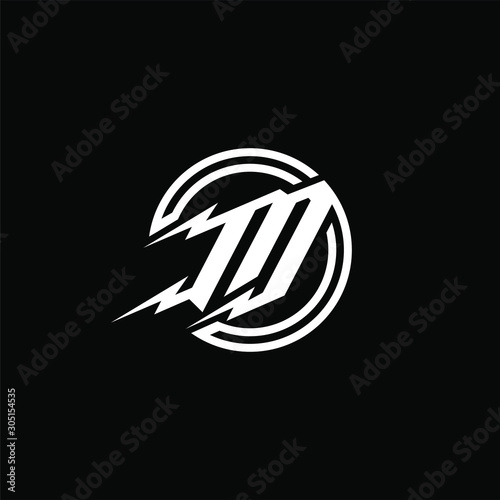 Initial letter M logo template with thunder or flash symbol and circle in flat design illustration