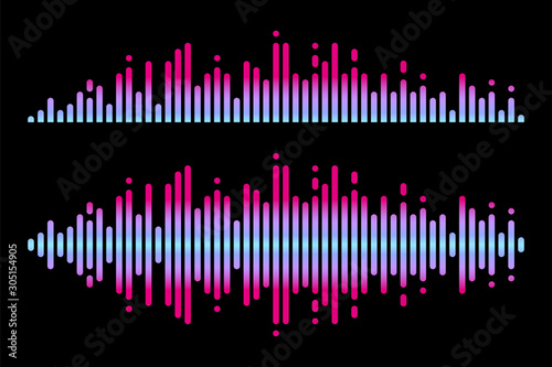 Sound wave rhythm. Colorful digital equalizer. Abstract wavy stripes on a black background isolated.