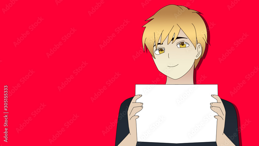 Anime Boy holding sign with hand. Blonde Hair Cartoon Character in T-Shirt  holding blank white paper board in front of a red background with a  confident smile it's Anime Manga Boy Stock