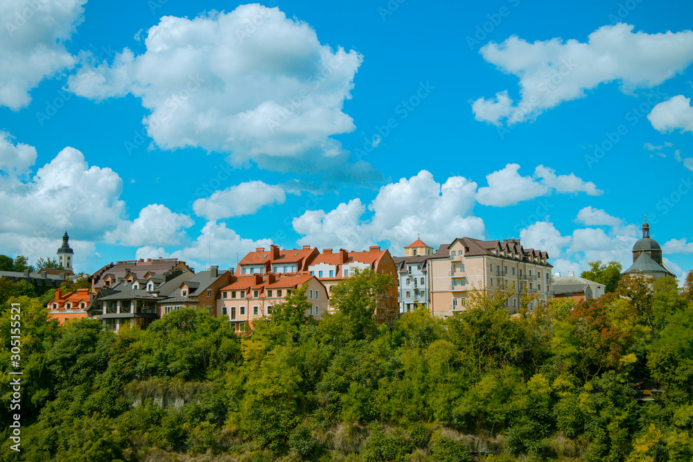 colorful idyllic small European village urban landmark district in park outdoor green ecological area wallpaper pattern photography with empty copy space for your text here 