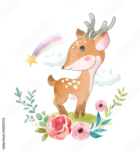 cute deer with flower and rainbow illustration
