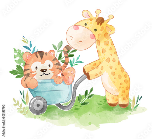 Fototapeta Naklejka Na Ścianę i Meble -  cute giraffe with tiger friend in the cart illustration