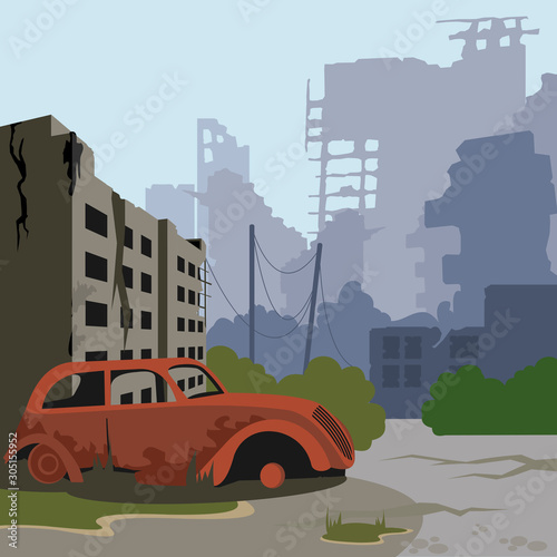 Cartoon Color Ruined City Landscape Background Scene. Vector