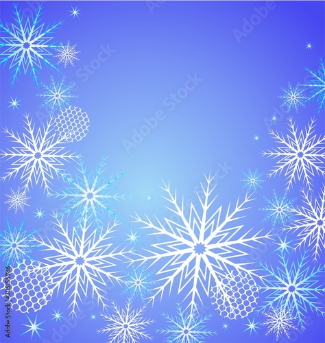 Magic winter blue background with snowflakes and lacy decoration for Christmas greetings