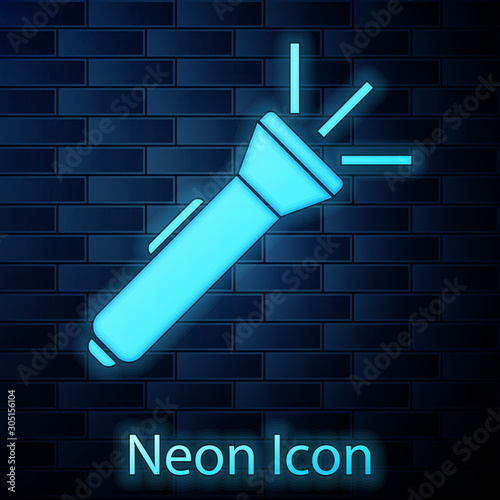 Glowing neon Flashlight icon isolated on brick wall background.  Vector Illustration