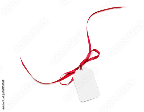 Blank tag with red ribbon on white background