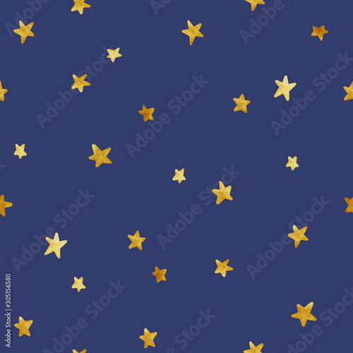 Abstract background. Golden star watercolor seamless pattern. Christmas illustration. Sketch style. Modern painted ornament for wrapping paper, design textile. 