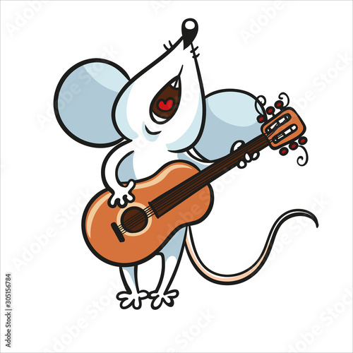 Cartoon funny mouse sings and plays on a guitar. Animal cartoon character. Symbol of the Chinese horoscope. Isolated on white background.