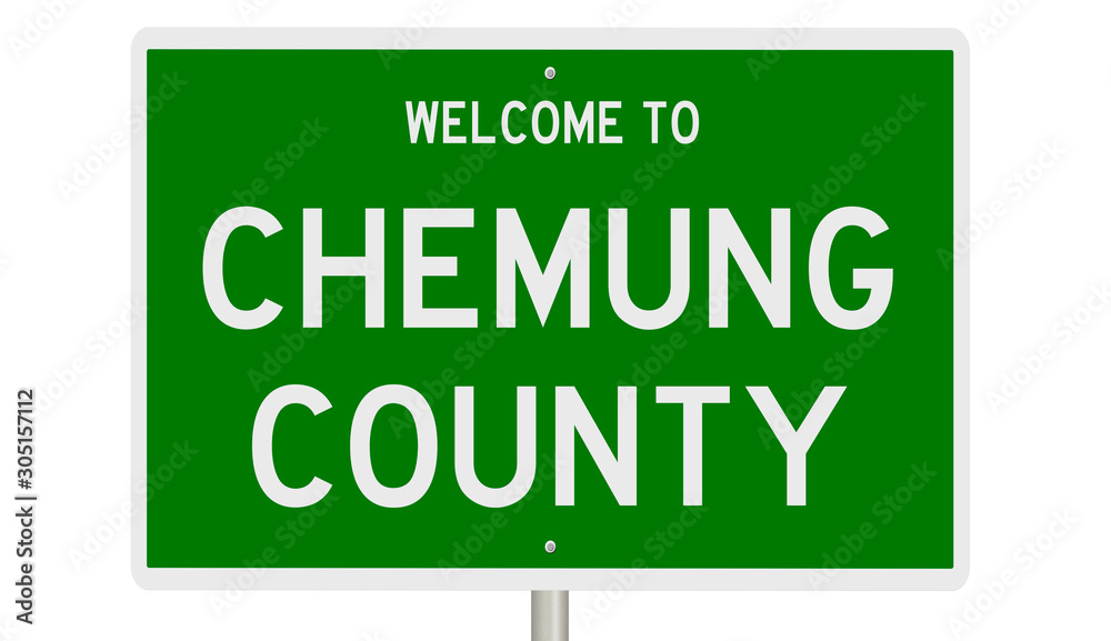 Rendering of a green 3d highway sign for Chemung County