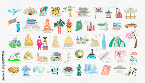 set of 25 doodle vector illustration - sights of South Korea travel collection photo