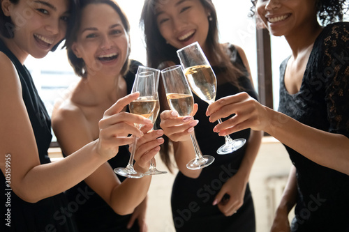 Attractive happy young ladies clinking glasses looking at camera, closeup