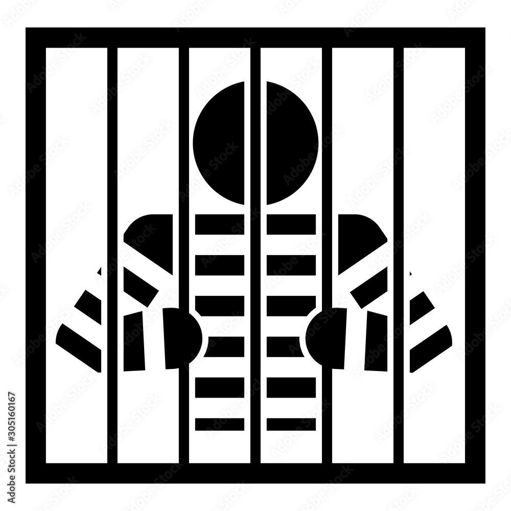 Prisoner behind bars holds rods with his hands Angry man watch through ...