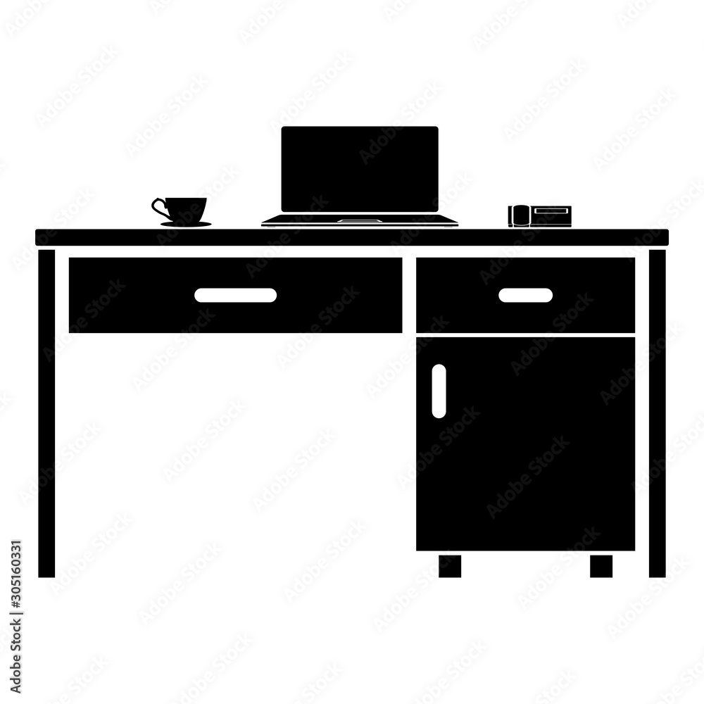 Desktop with laptop phone and tea mug Business stuff on table icon black color vector illustration flat style image