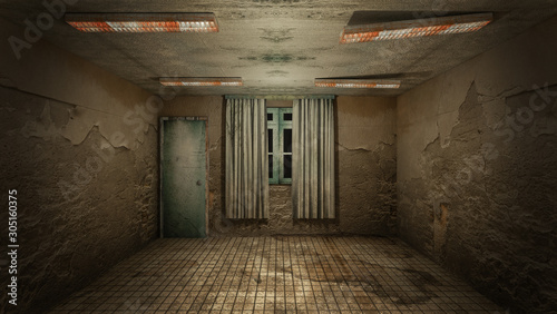 The interior design of horror and creepy damage empty room., 3D rendering.
