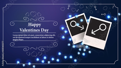 banner Valentines day greeting card with space for text to design two photos with the sign of Mars for gay couples and male relationships