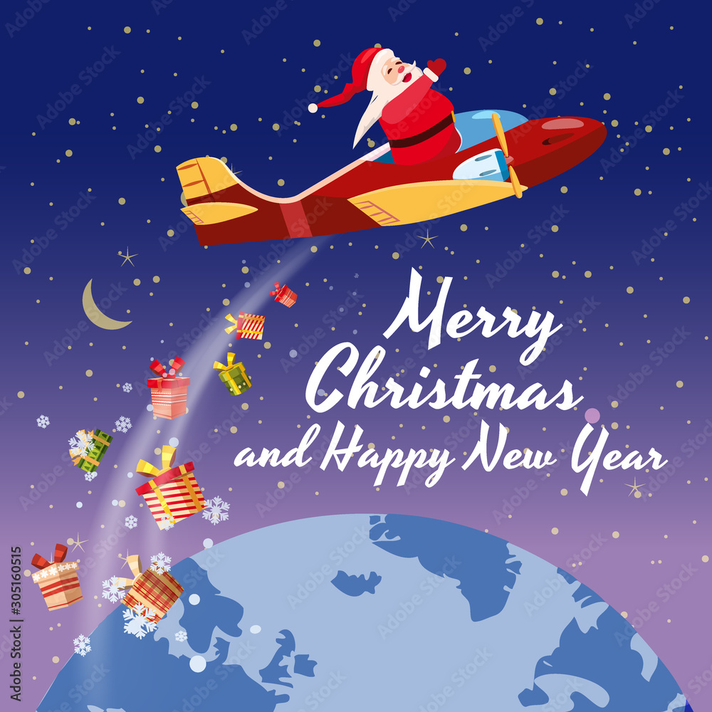 Santa Claus flying on speed retro airplane with presents vector