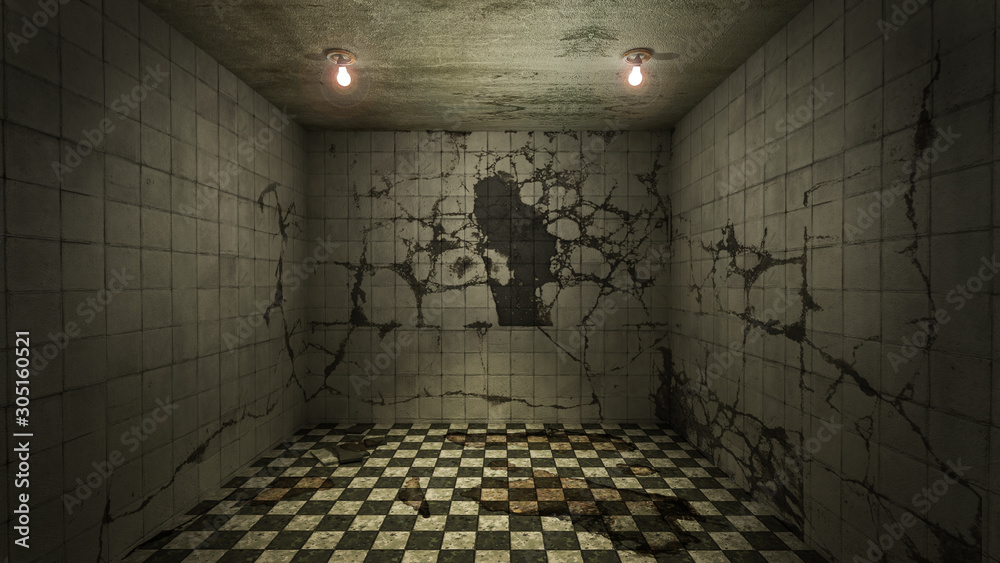 The interior design of horror and creepy damage empty room., 3D