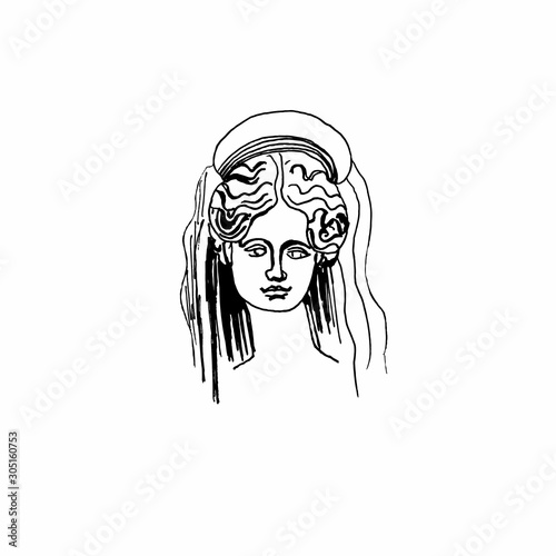 Demeter vector marble head.Work of art of ancient Greece era.An illustration of the goddess of fertility on a white isolated background hand drawn the style of the line.Design for web, maps, printing.