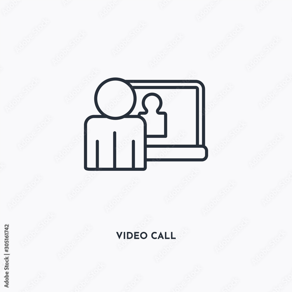 Video call outline icon. Simple linear element illustration. Isolated line Video call icon on white background. Thin stroke sign can be used for web, mobile and UI. Video call outline icon. Simple linear element illustration. Isolated line Video call icon on white background. Thin stroke sign can be used for web, mobile and UI.