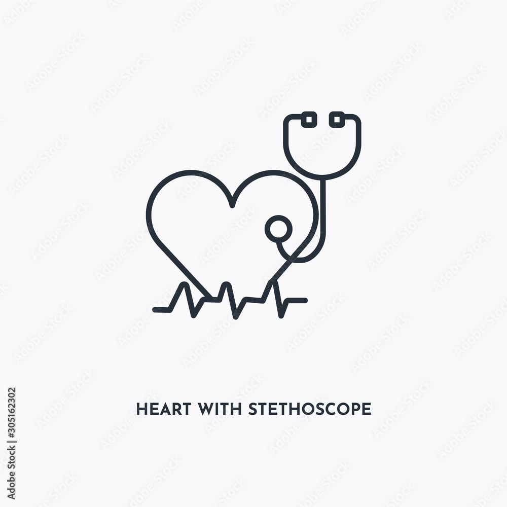 heart with stethoscope and heartbeat outline icon. Simple linear element illustration. Isolated line heart with stethoscope and heartbeat icon on white background. Thin stroke sign can be used for web heart with stethoscope and heartbeat outline icon. Simple linear element illustration. Isolated line heart with stethoscope and heartbeat icon on white background. Thin stroke sign can be used for web