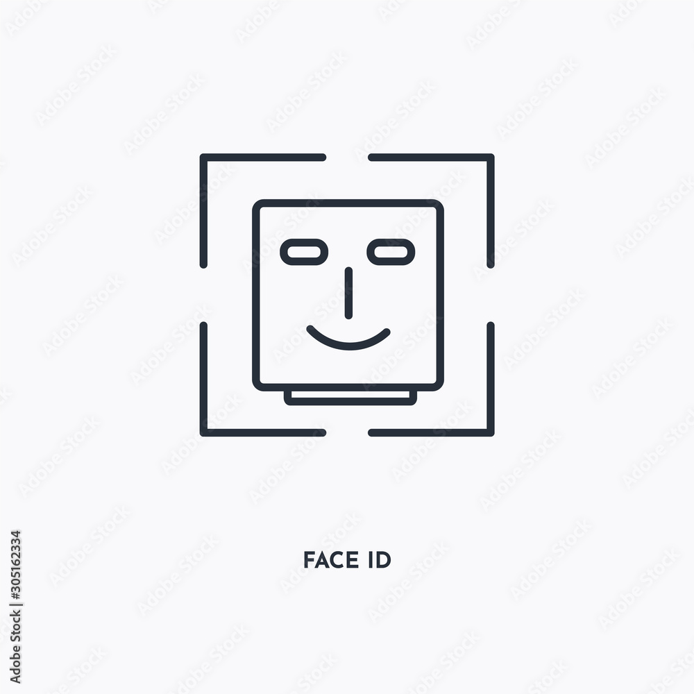 Face id outline icon. Simple linear element illustration. Isolated line Face id icon on white background. Thin stroke sign can be used for web, mobile and UI. Face id outline icon. Simple linear element illustration. Isolated line Face id icon on white background. Thin stroke sign can be used for web, mobile and UI.