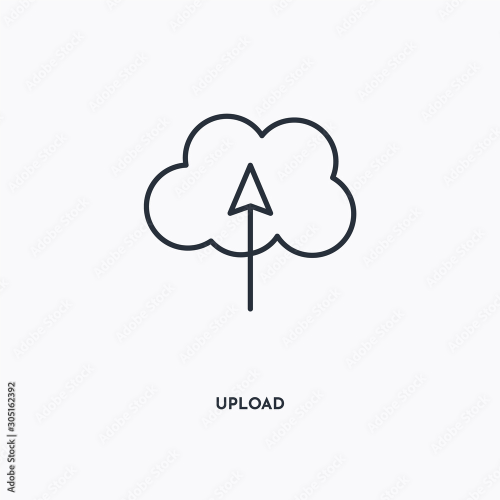 Upload outline icon. Simple linear element illustration. Isolated line Upload icon on white background. Thin stroke sign can be used for web, mobile and UI. Upload outline icon. Simple linear element illustration. Isolated line Upload icon on white background. Thin stroke sign can be used for web, mobile and UI.