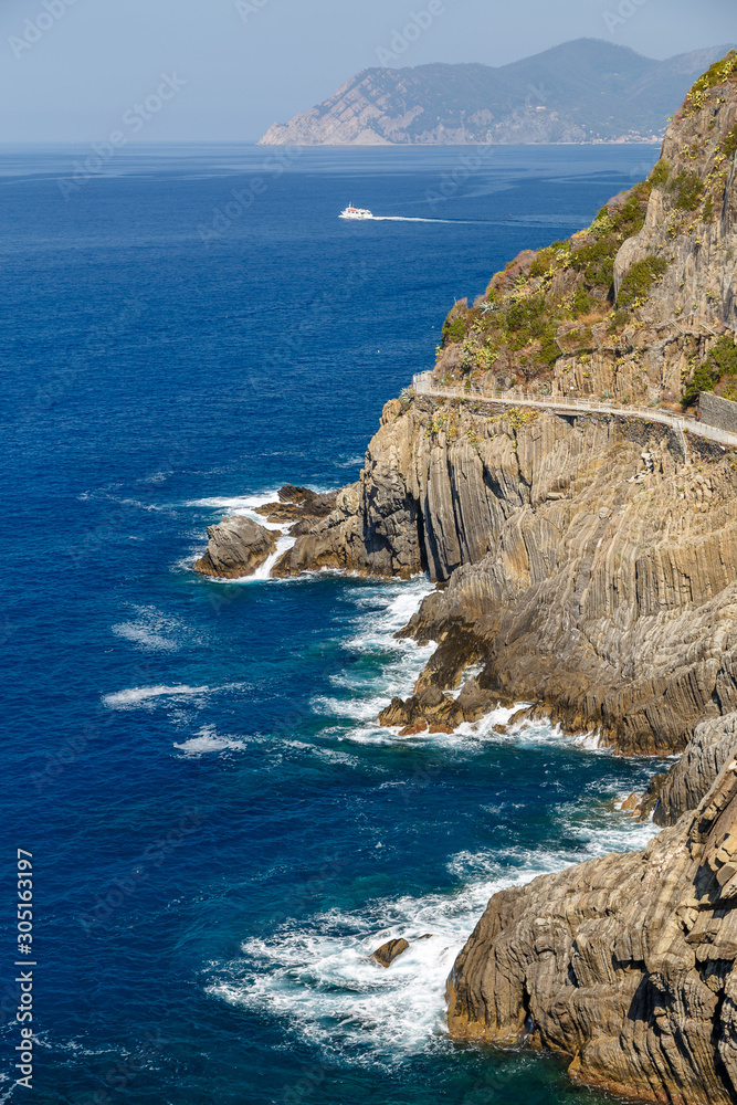 Natural landscape around coastal Riomaggiore village in Cinque Terre land, Italy