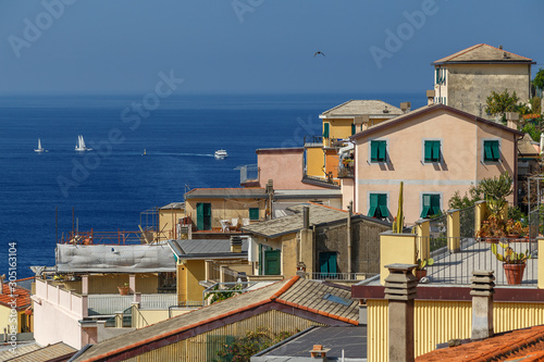 RIOMAGGIORE / ITALY - JULY 2015: View to coastal Riomaggiore village in Cinque Terre, Italy