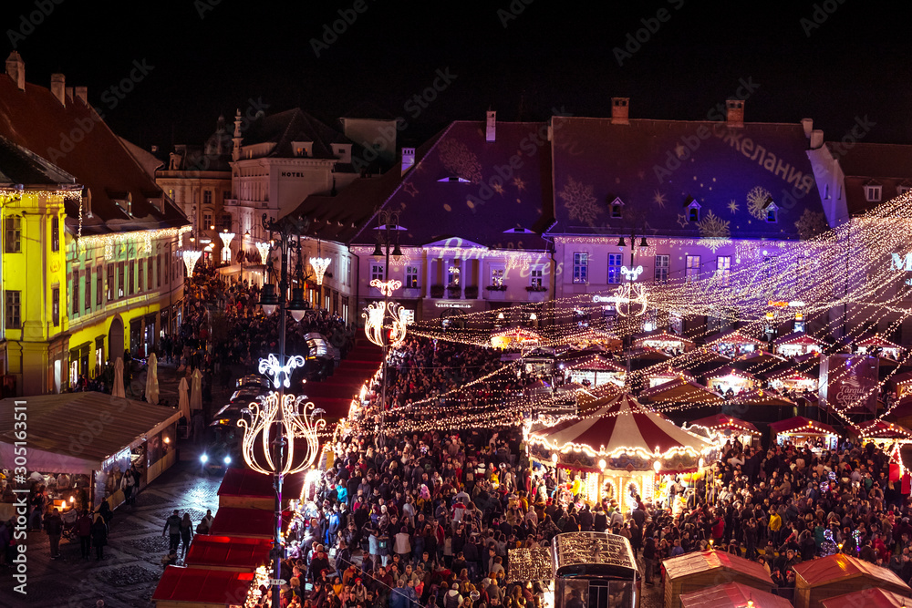 Sibiu, Romania - November 16, 2019. Traditional Christmas market in the historic center of Sibiu, Transylvania, Romania.