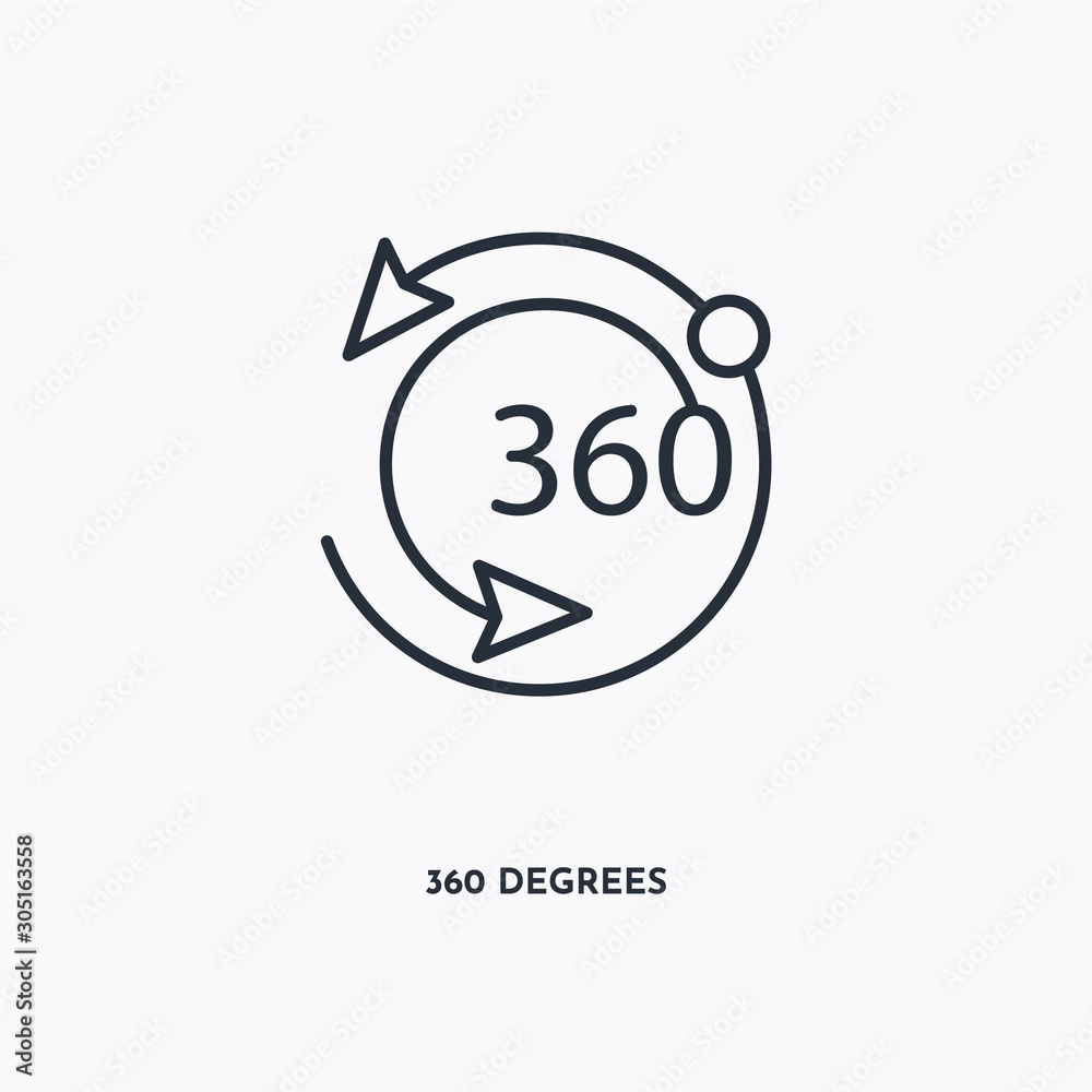 360 degrees outline icon. Simple linear element illustration. Isolated line 360 degrees icon on white background. Thin stroke sign can be used for web, mobile and UI. 360 degrees outline icon. Simple linear element illustration. Isolated line 360 degrees icon on white background. Thin stroke sign can be used for web, mobile and UI.