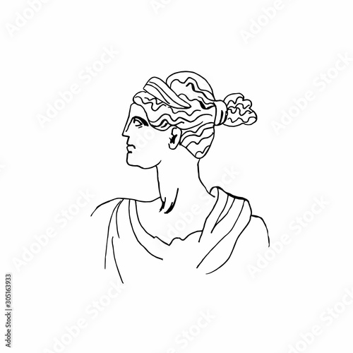Artemis vector marble head. Work of art of ancient Greece era. An illustration of the goddess hunting on a white isolated background hand drawn the style of the line. Design for web, cards, printing.